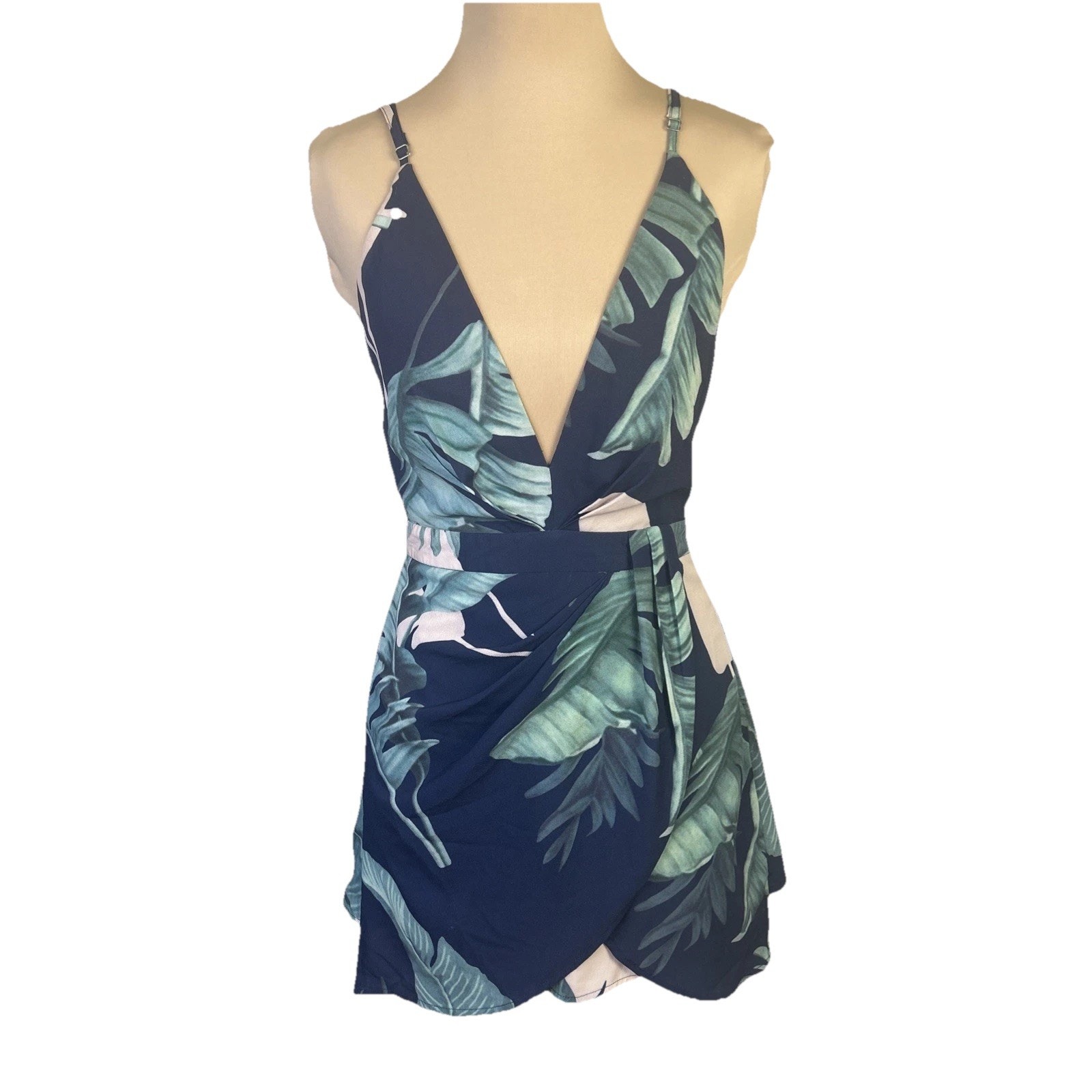L'atiste By Amy Strap Sleeveless Mini Romper Size S Blue Green V-Neck Tropical